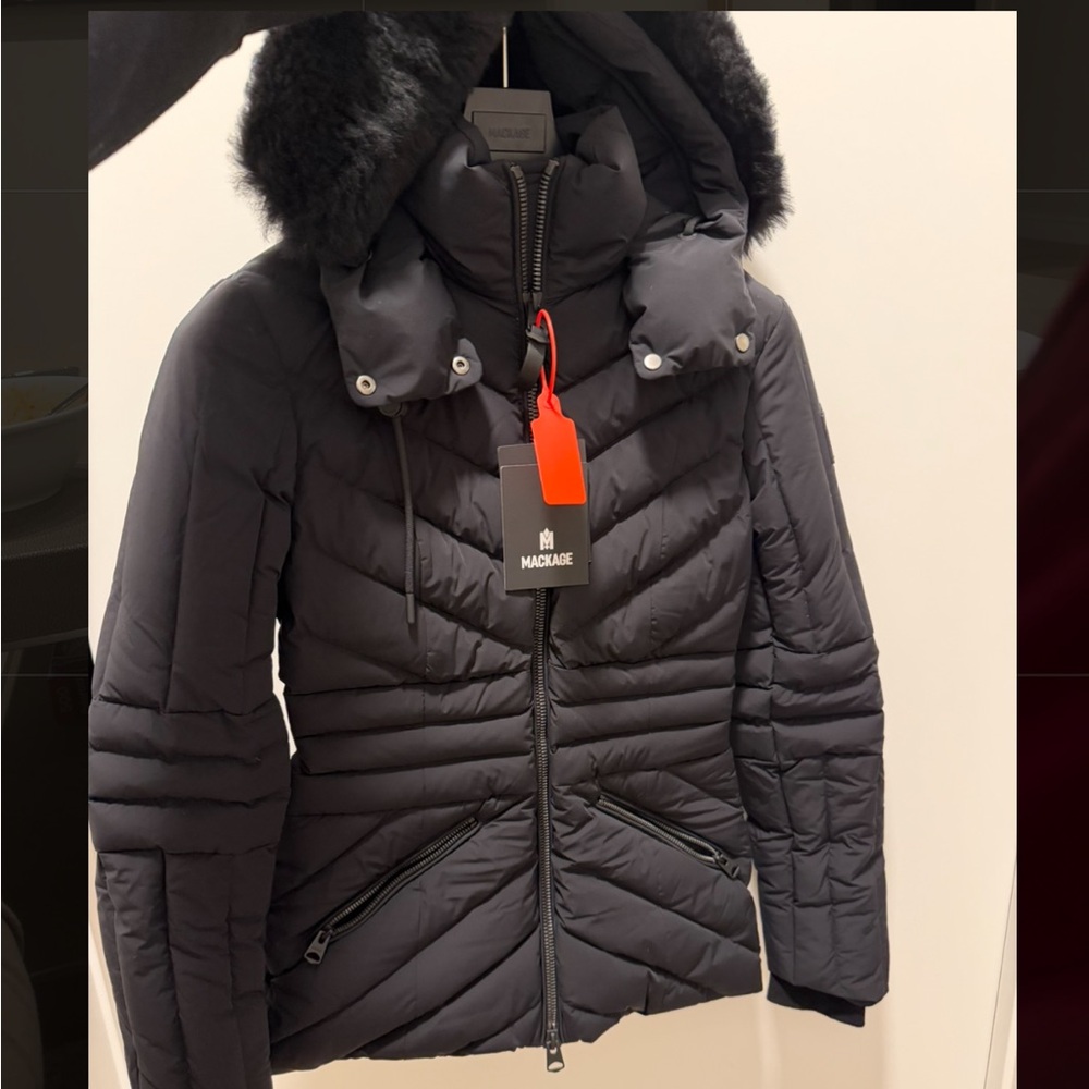 Mackage Women's Charcoal Puffer Coat with Fur Hood - Picture 3 of 5